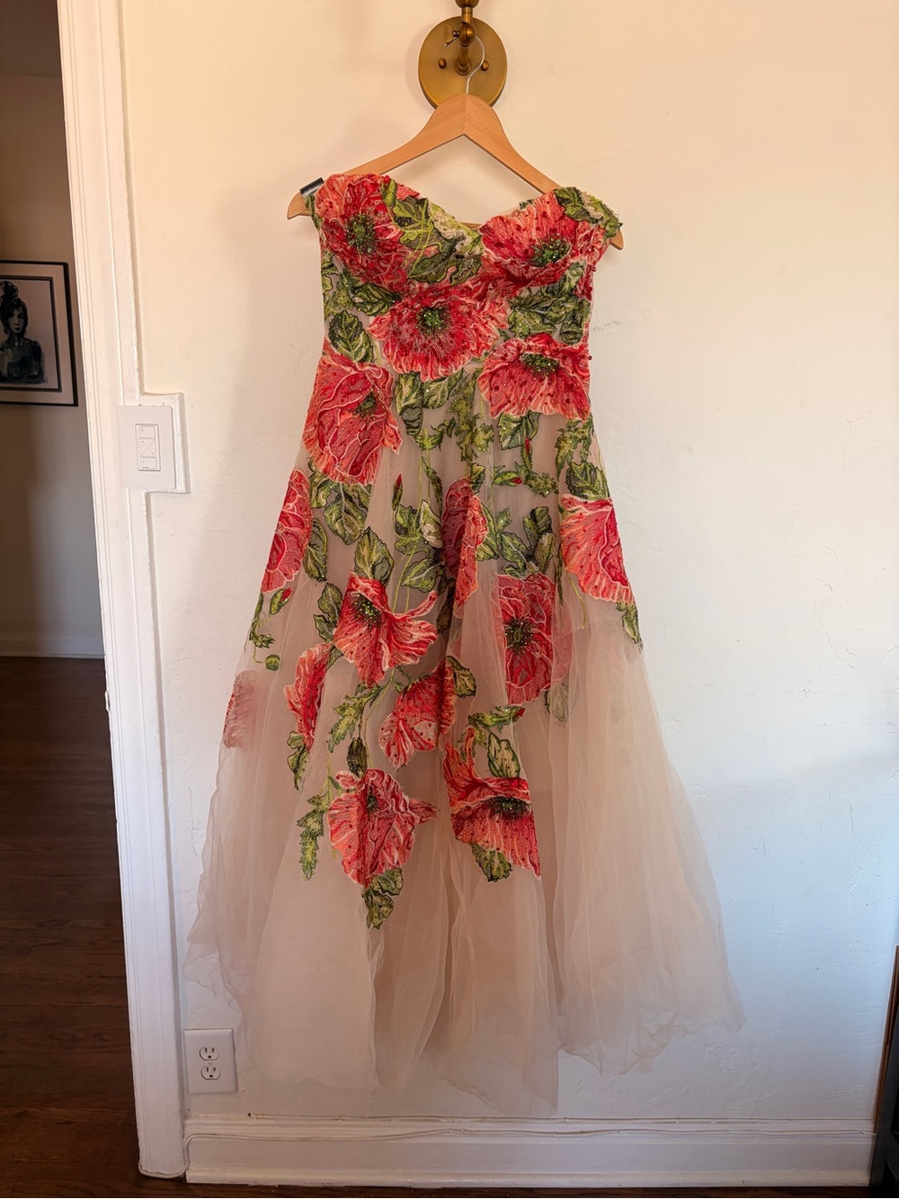 Mac Duggal Beige Strapless Floral Embroidered Midi Dress - Picture 4 of 16